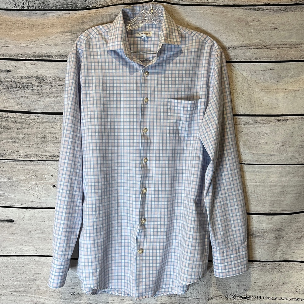 Peter Millar Summer Comfort Dress Shirt Blue White Plaid Size M Long Sleeve